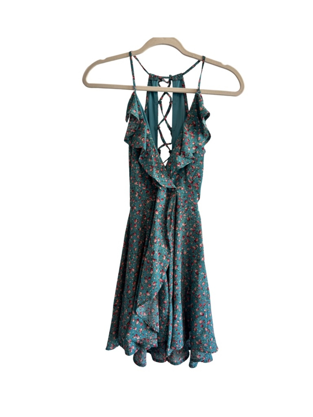 Charlotte Russe Teal Floral Fit & Flare  Ruffle Dress, Open Back w Zipper XS